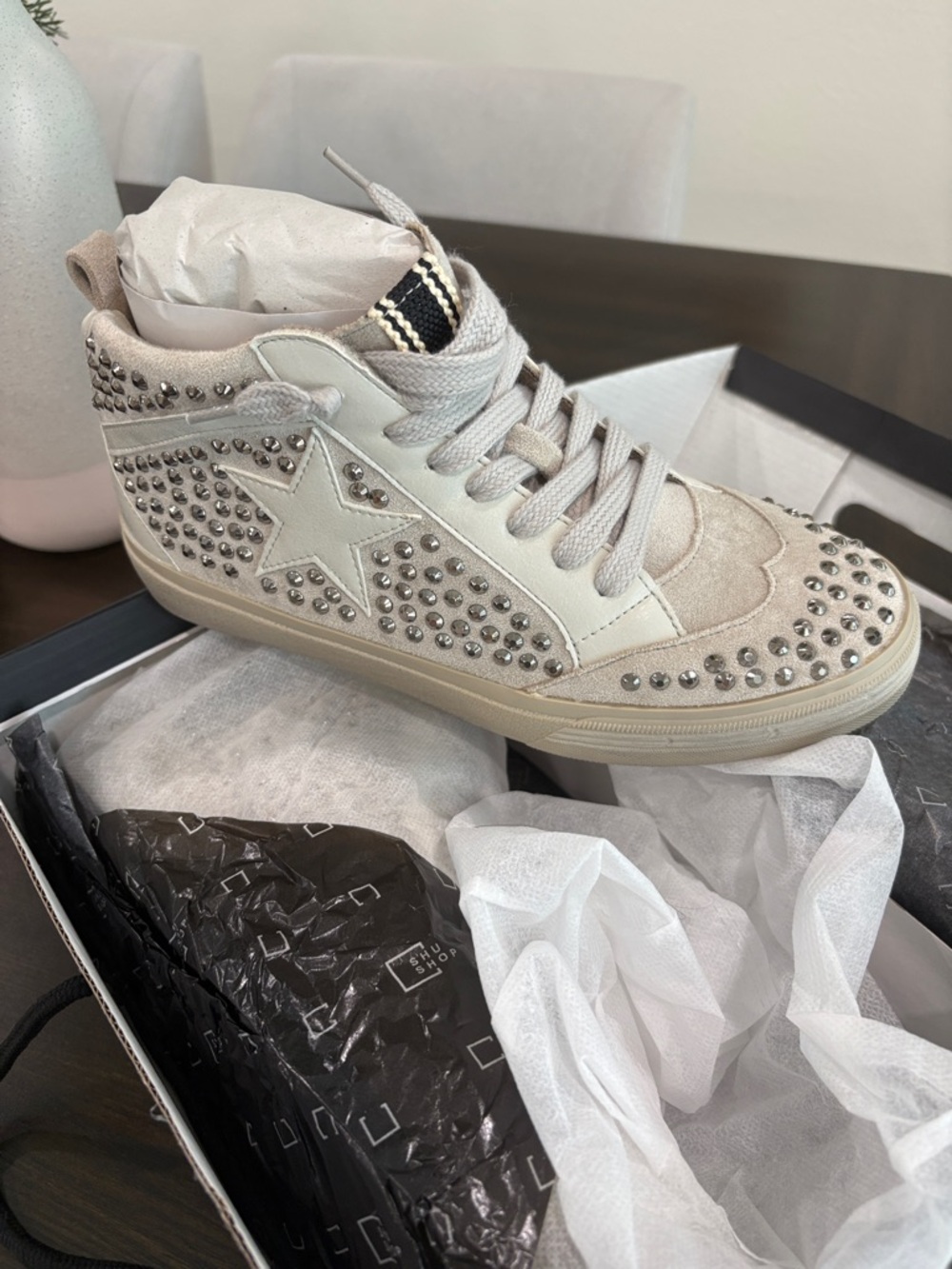 ShuShop Studded Star High-Top Sneakers in Beige and Silver
